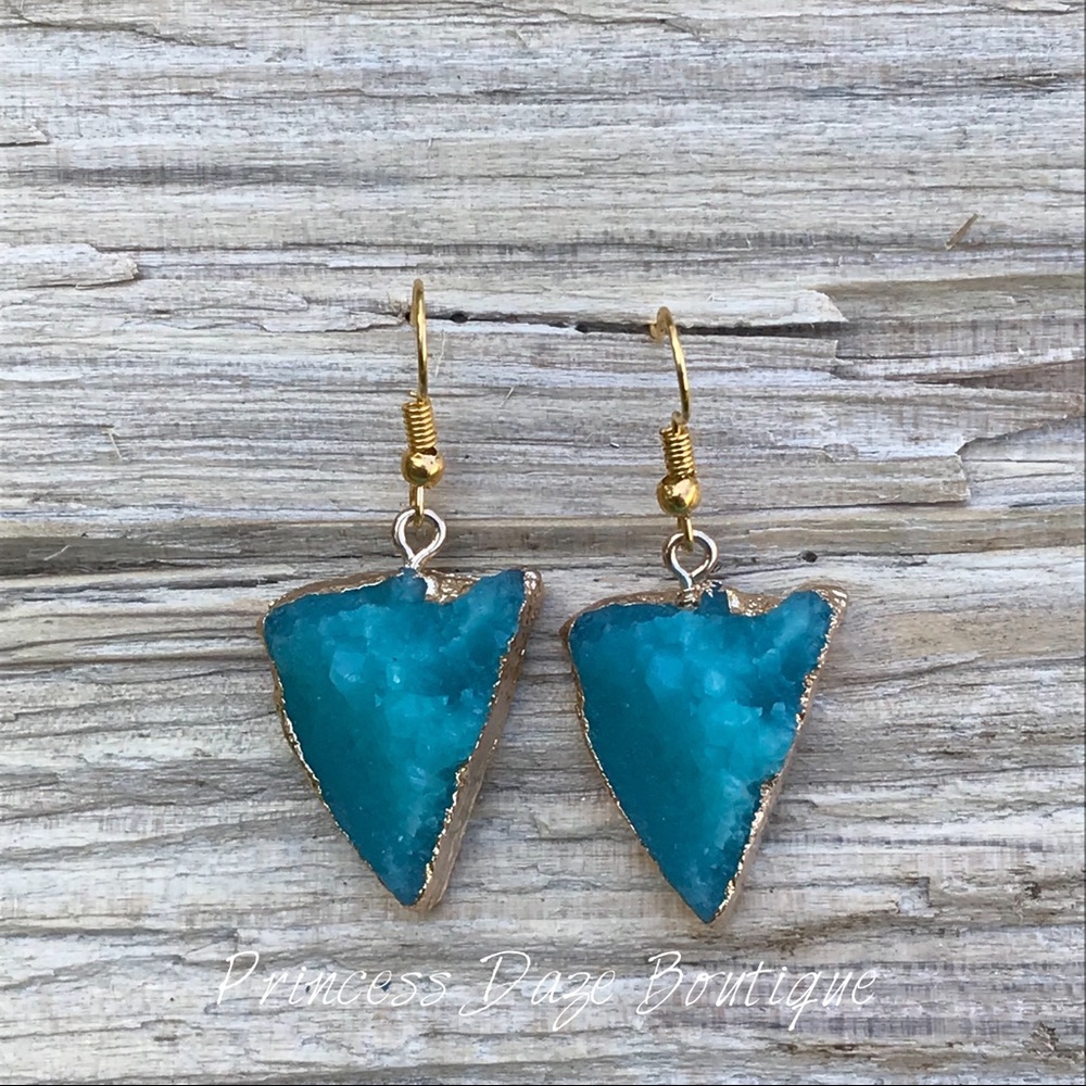 Gold Blue Triangle Druzy‎ Stone Dangle Earrings